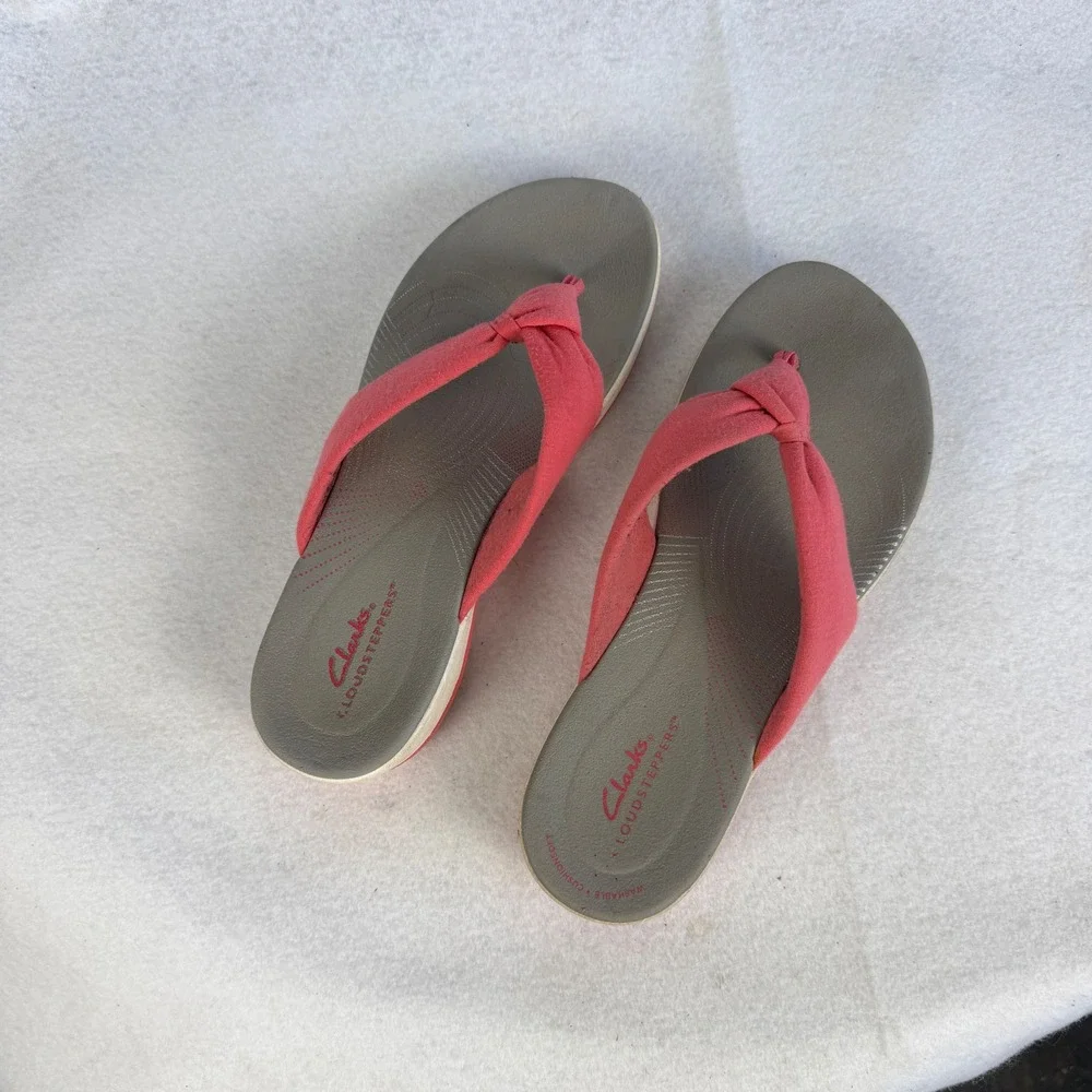 Clarks Cloudsteppers Arla Glitz‎ Coral Pink Wedge Sandals Womens US 8 UK 5.5